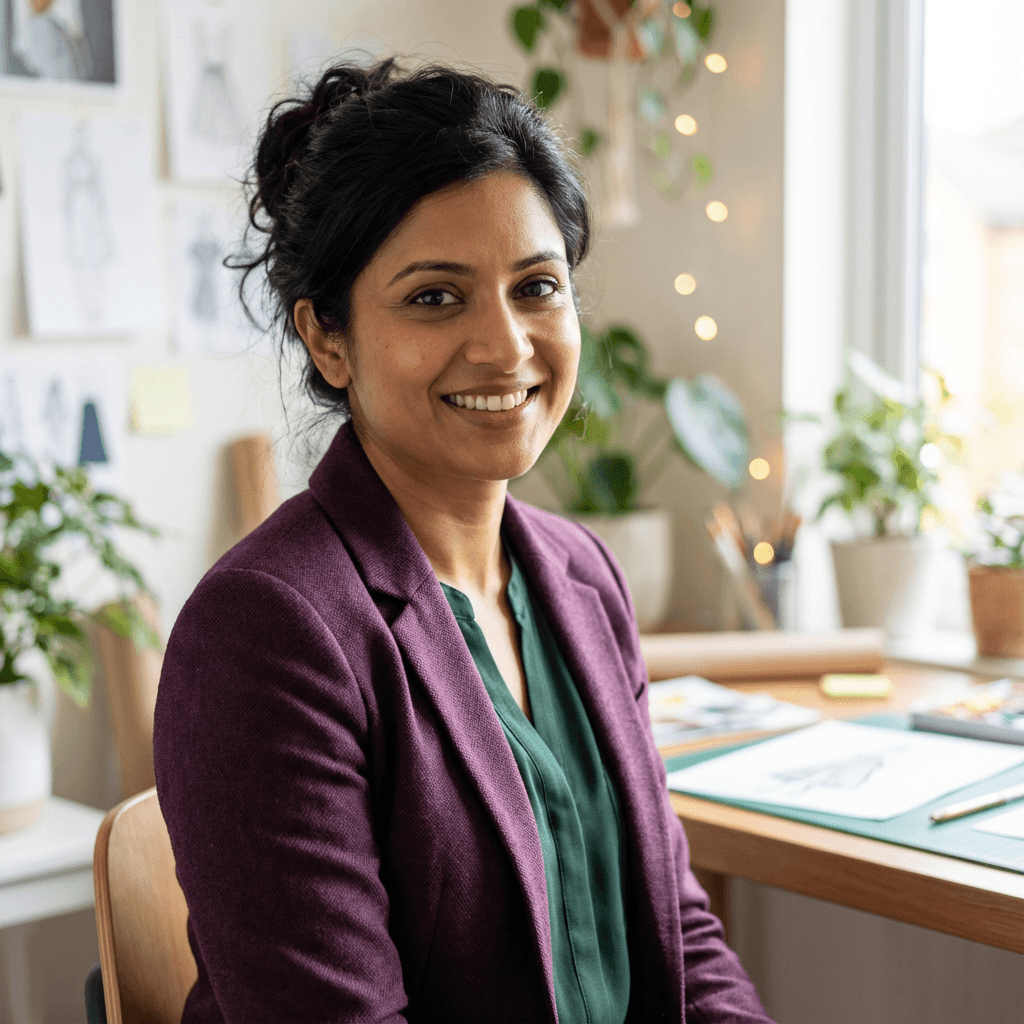 Priya Sharma, wedding client, smiling in natural light