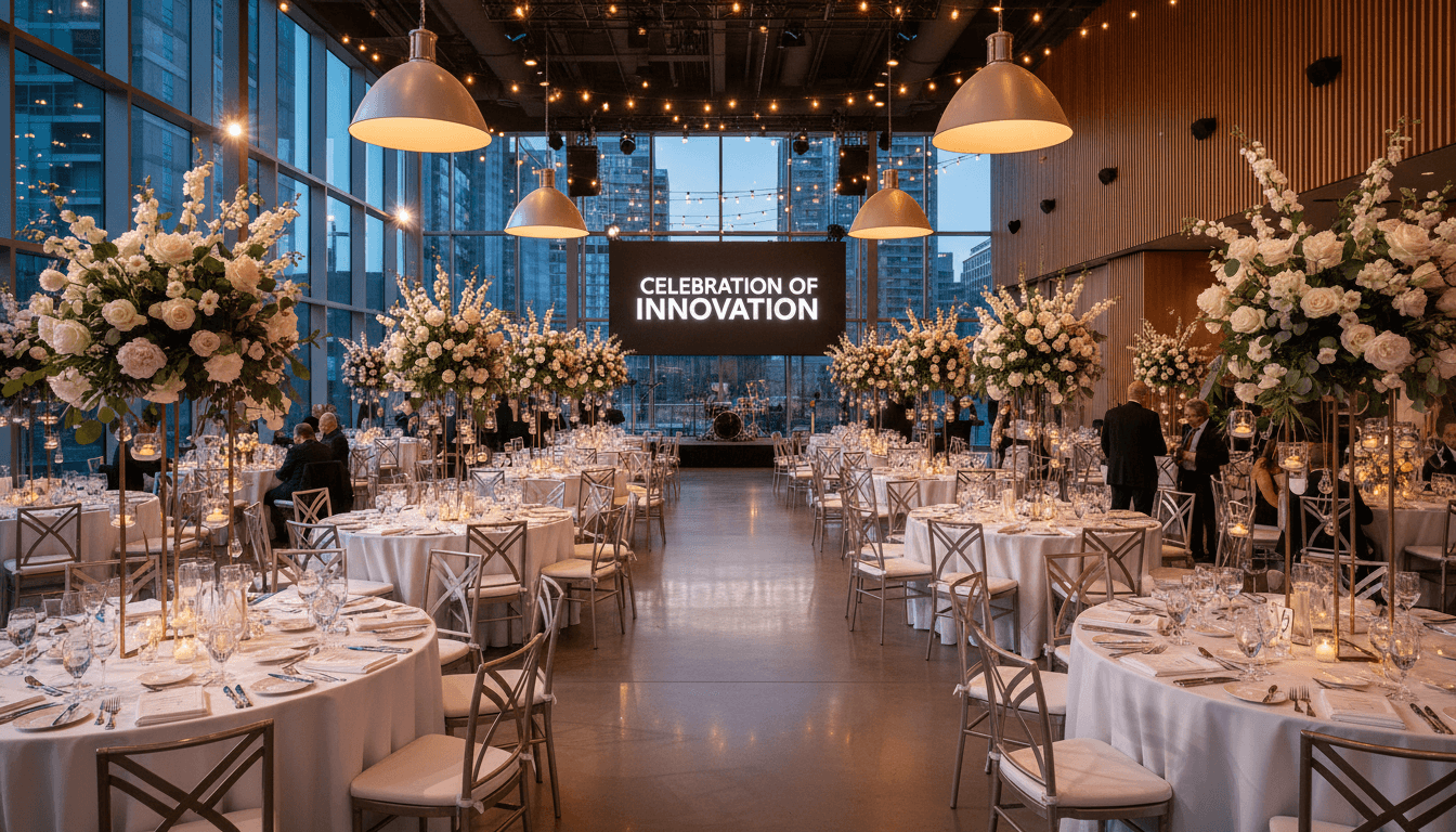 Elegant event setup with round tables, floral centerpieces, and warm lighting in a modern venue