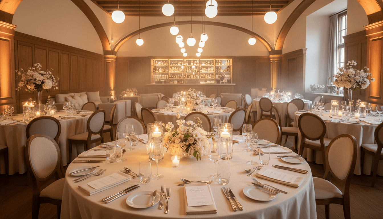 Beautifully arranged event space with tables, linens, and warm lighting