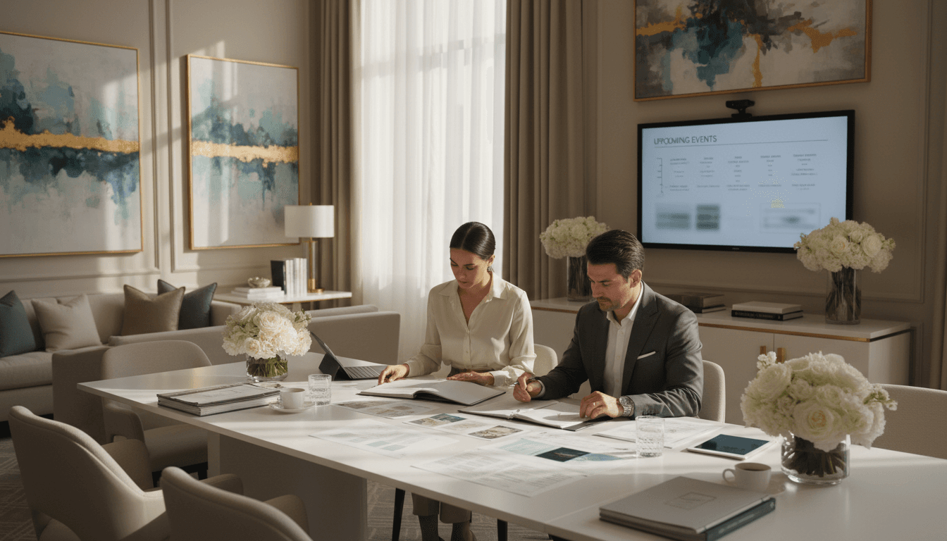Event planner reviewing notes with client at a bright modern desk, venue planning materials displayed