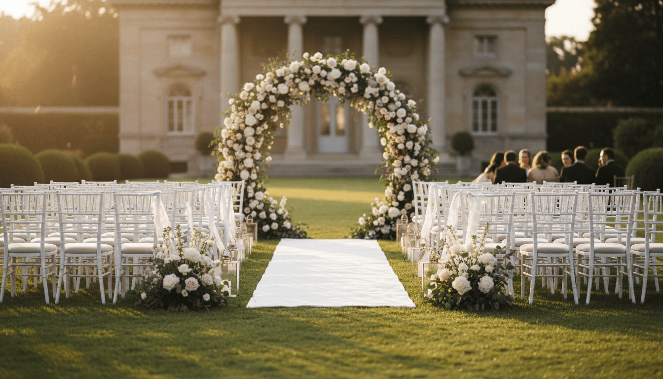 Outdoor wedding ceremony with floral arch