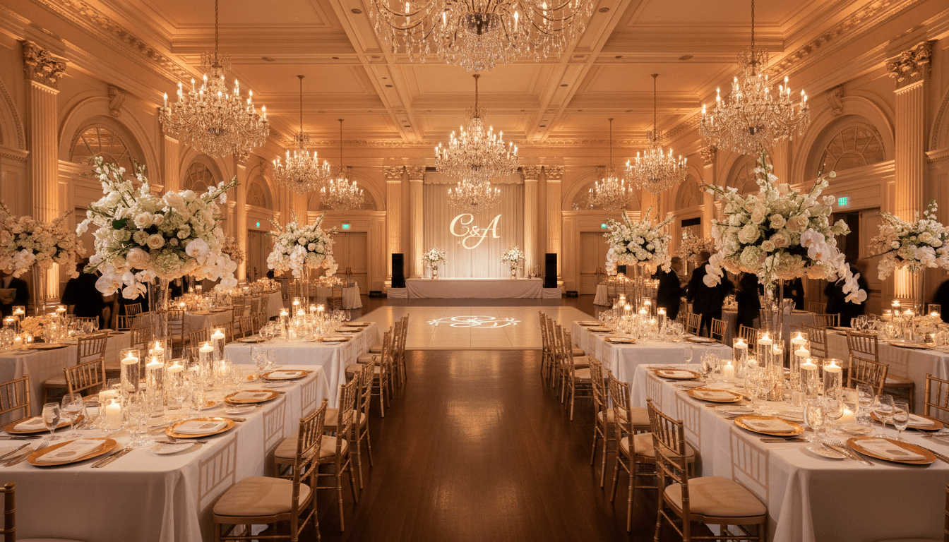 Elegant wedding reception in a ballroom with white floral centerpieces and warm string lights