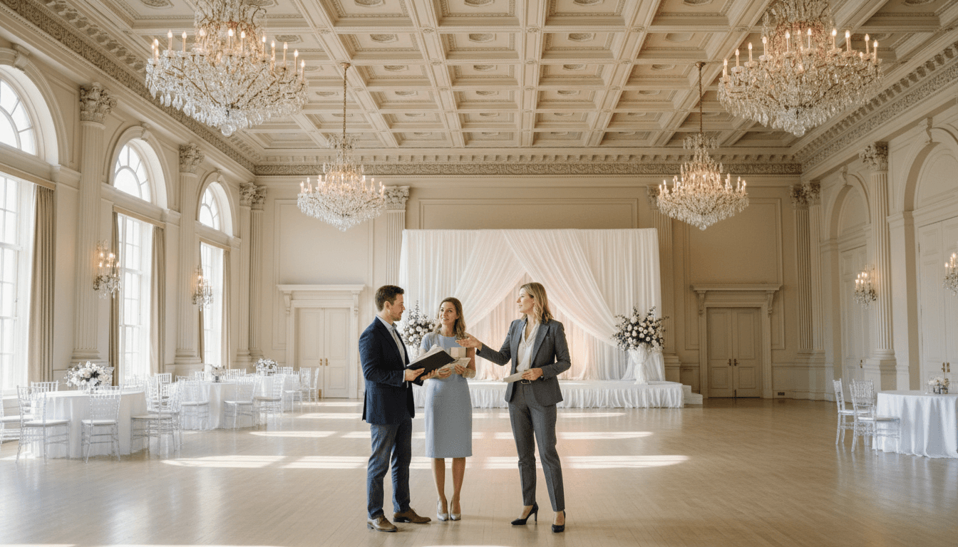 Event planner reviewing details with client at elegant venue