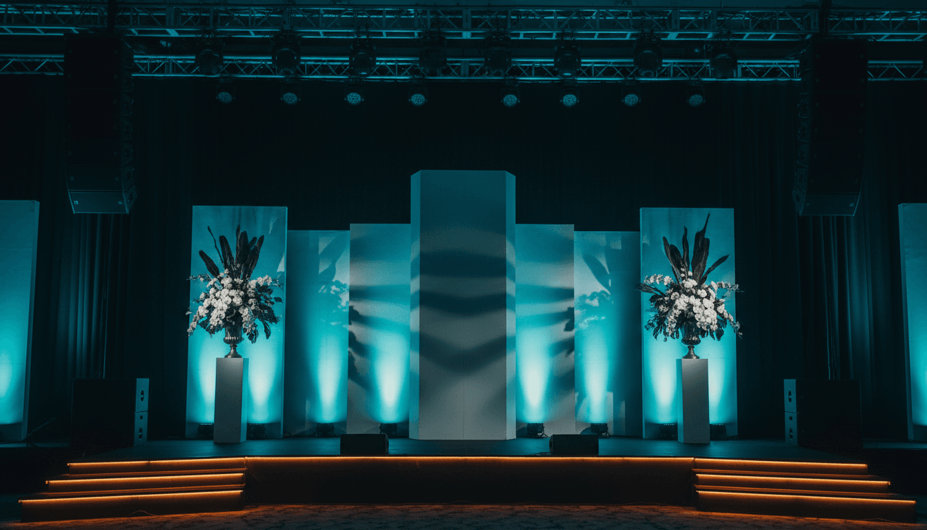 Corporate gala stage set up with lighting and signage